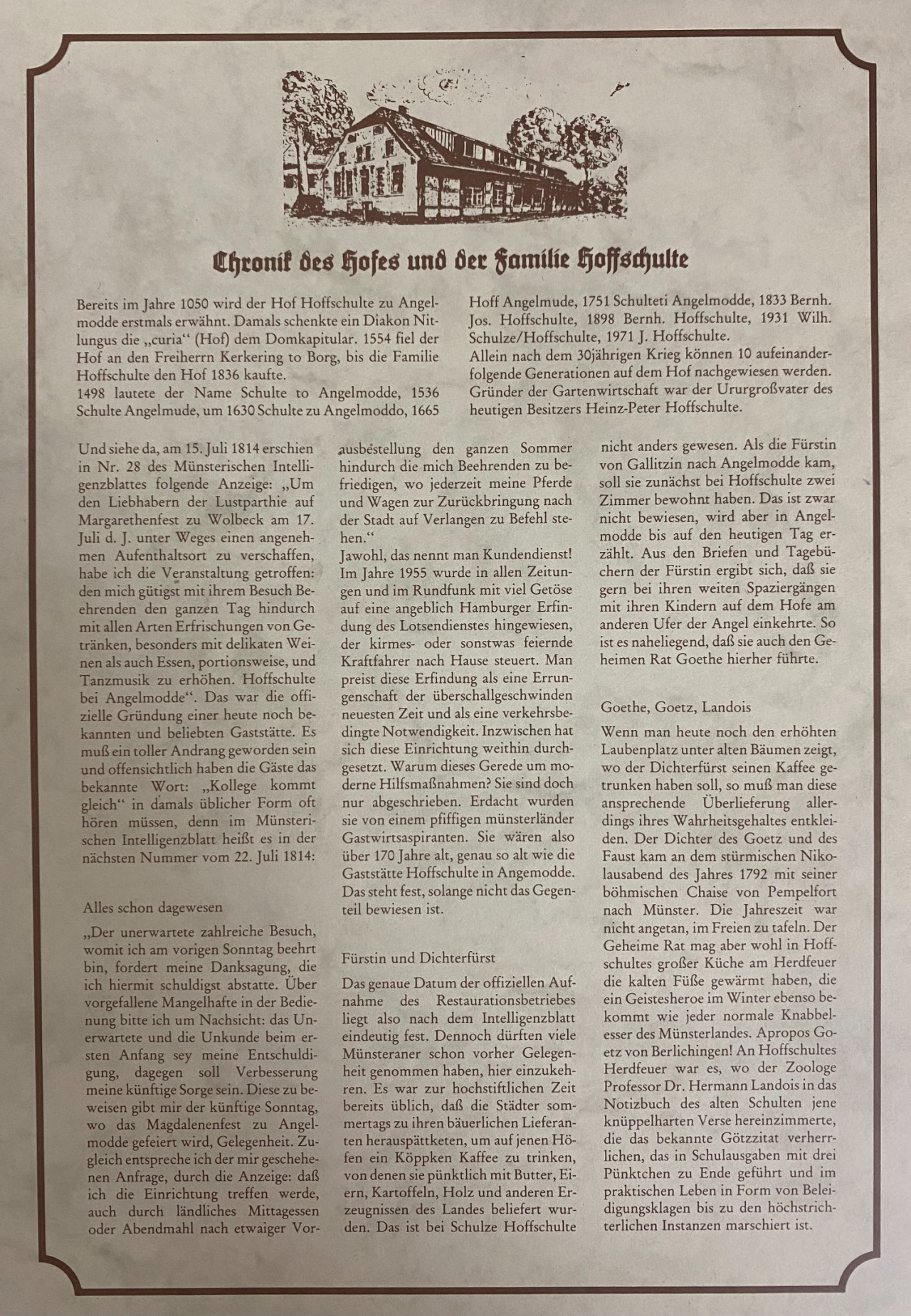 Historische Chronik-Tafel: Chronik des Hofes und der Familie Sonnenhof - Erwähnungen ab 1050, Erbfolge der Schultenfamilie, Anekdote zu Fürstin Gallitzin und Goethe
