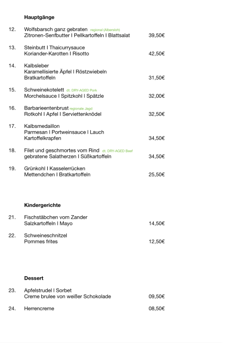 Speisekarte Sonnenhof - Hauptgänge, Kindergerichte, Dessert mit Preisen