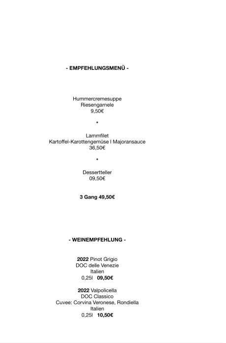 Empfehlungsmenü und Weinempfehlung des Hauses Sonnenhof